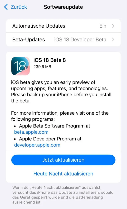 罗源苹果手机维修分享苹果 iOS / iPadOS 18 开发者预览版 Beta 8 发布 